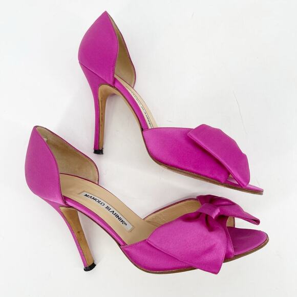 Manolo Blahnik Fuchsia Pink Silk Satin Bow Detail Peep Toe D'Orsay Pump IT 38 - Picture 4 of 14